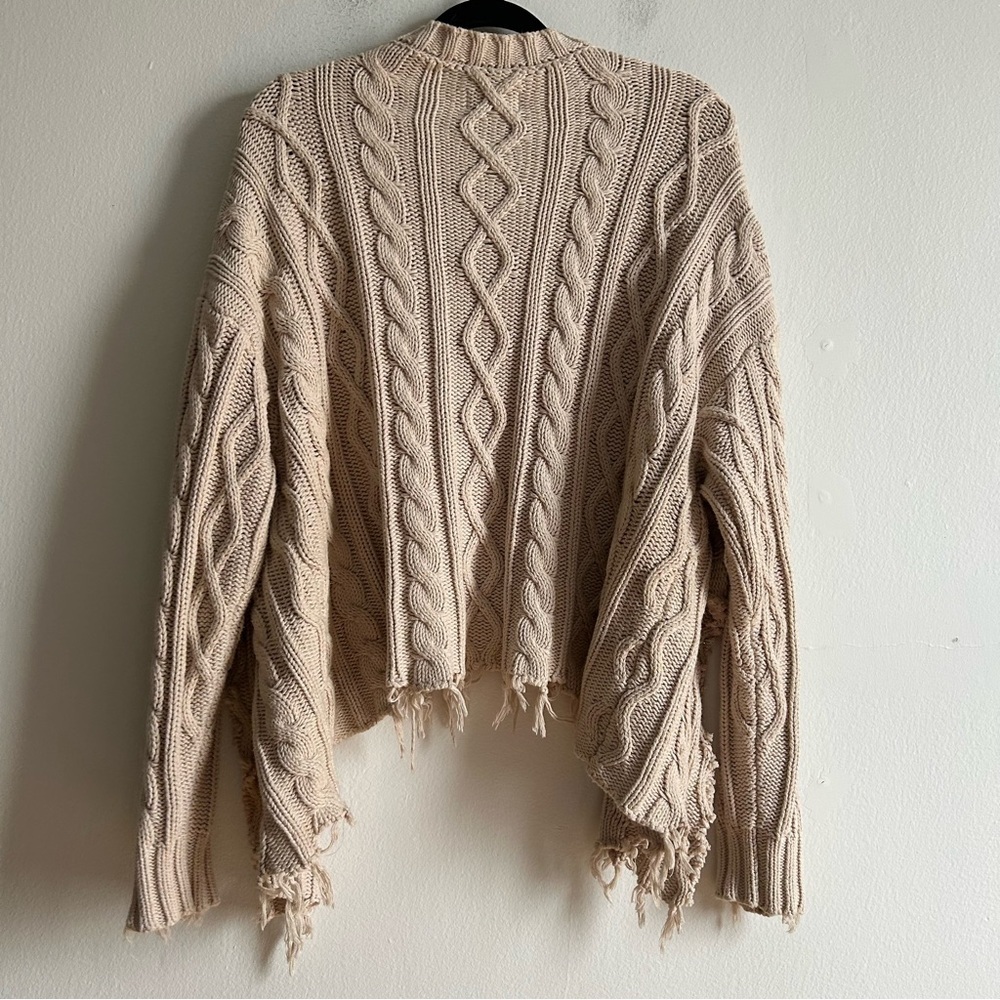 Pistola Sz L Cream Tan Cable Knit Distressed Cascade Cardigan Sweater - Picture 11 of 11